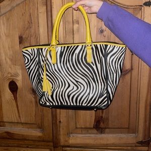 Boden leather zebra calf type hair/yellow trim handbag with matching wallet